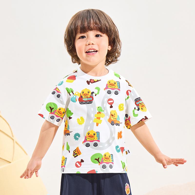 B. Duck Yellow Duck Children's Round Neck Top for Boys and Girls, Fun Summer Breathable Short T-shirt