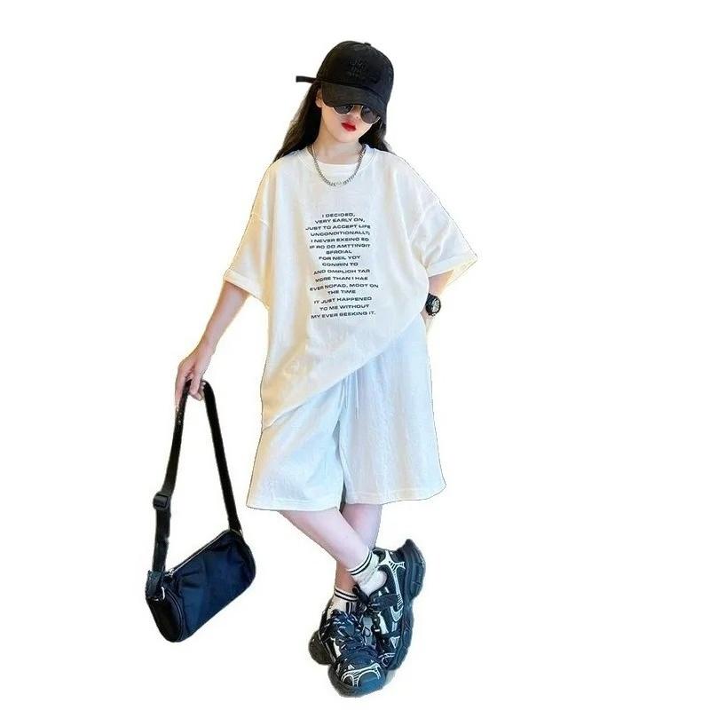 Summer Girls Suit Child Set Cloth Letters Short-Sleeved Loose T-shirt + Short Pants Teenager Tracksuits Kids 4-12 Year