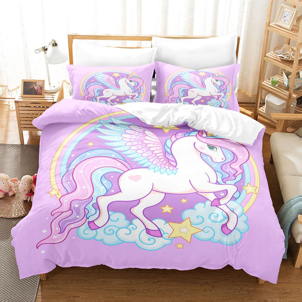 3D Cartoon Bedding Set Unicorn Rainbow Printed Duvet Cover Set Soft Skin-Friendly Single Double King Size for Kids Birthday Gift