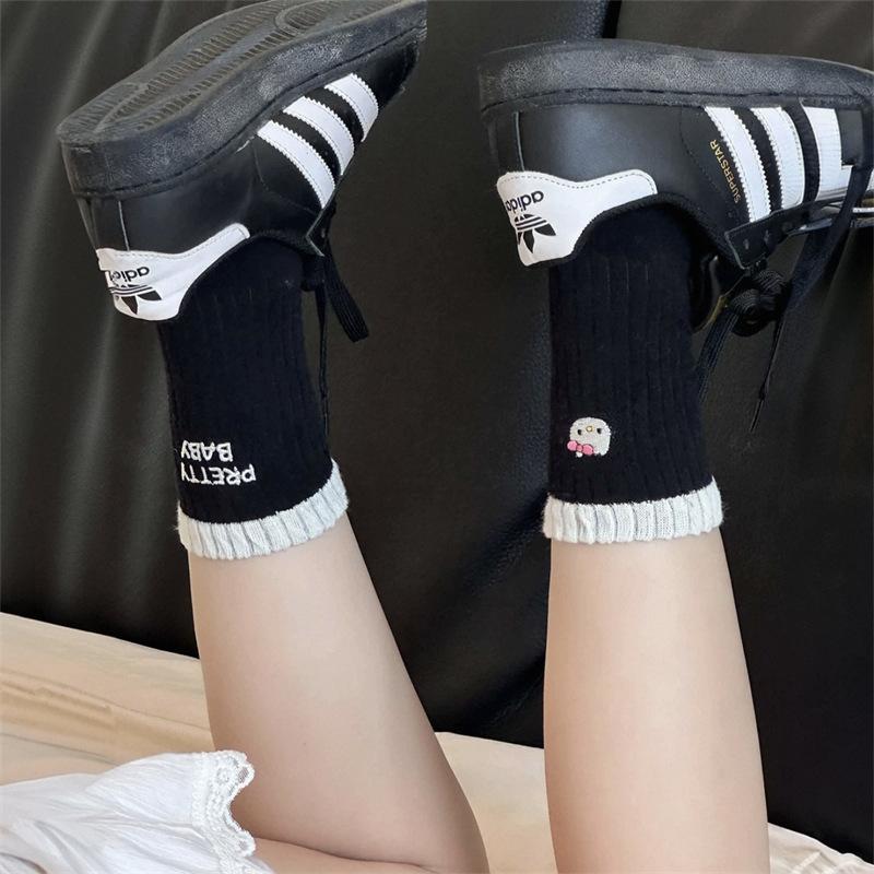 

Contrasting Color Cartoon Socks Medium Tube Socks Cat Sweet Letter Embroidery Cat Kt Niche Stacking Socks Ab One size fits all чорний