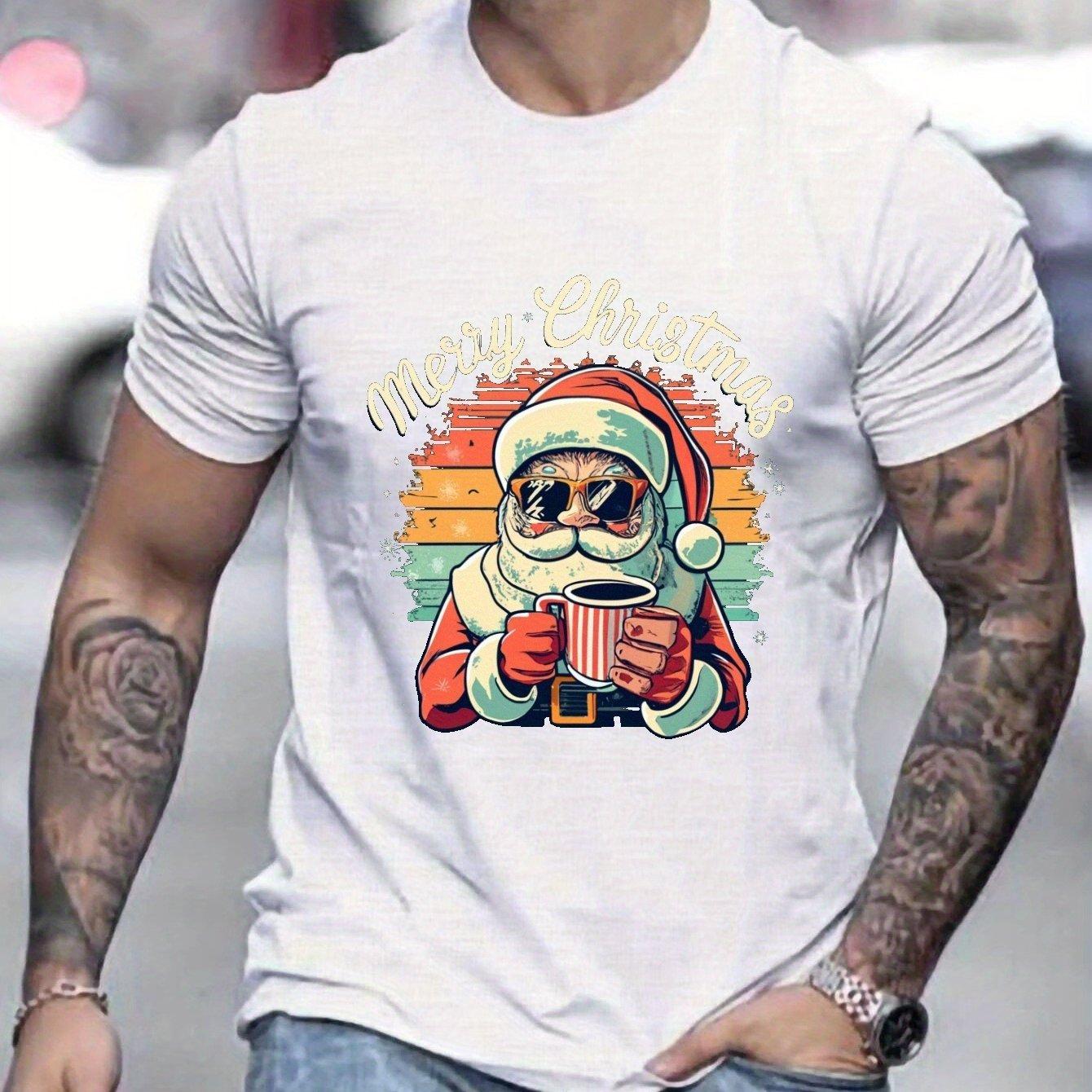 Cool Santa Sipping Coffee Christmas Graphic Mens Cotton Casual TShirt Breathable Short Sleeve Tee S
