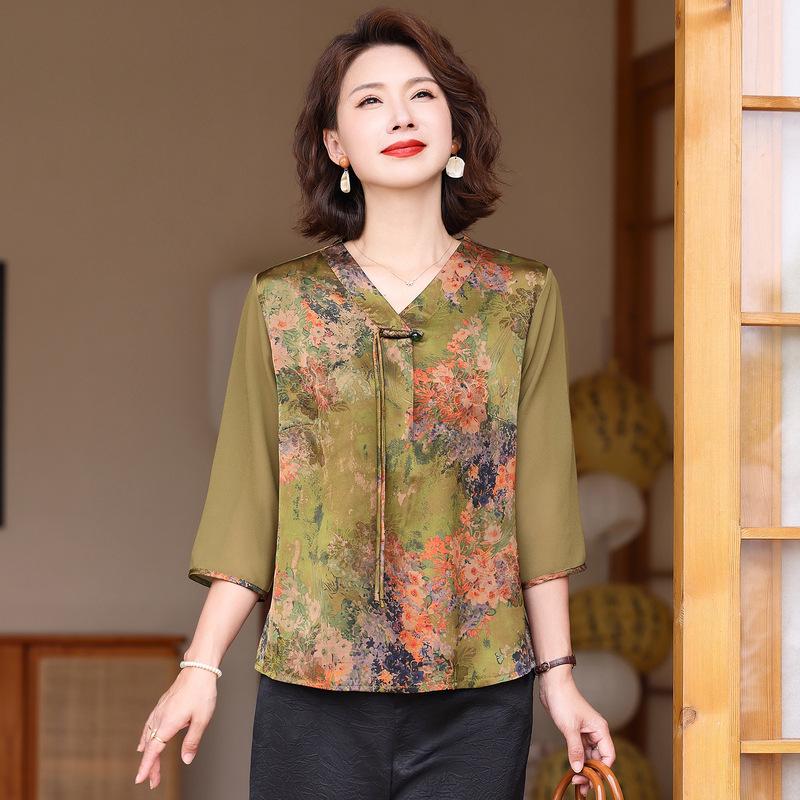 

2026 Retro Print Summer Shirt, Stylish Three-Quarter Sleeve for Moms, Perfect for Middle-Aged & Elderly, New Chinese Style 3XL (120-135 jin) зелений