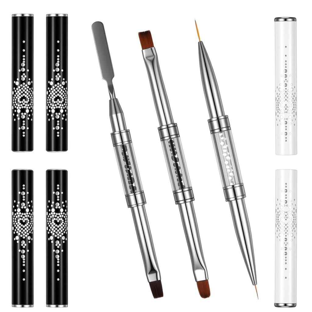 3 Stück Doppelseitige Aufbaugelpinsel, Hartgel-Nagelpinsel mit Strassgriff, French Tip Liner Kunstpinsel, Pinsel für French Manicure für Profis