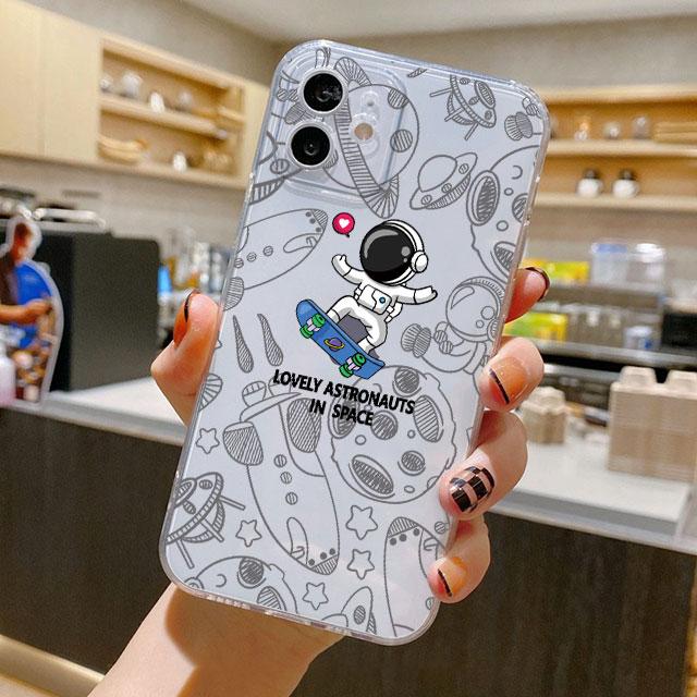 Urocze etui z kreskówkowym astronautą na iPhone 14 11 12 Pro 13 Pro Max XR XS X 6s 7 8 Plus SE 2020 13 Mini Luksusowe Przezroczyste Etui Odporne na Wstrząsy