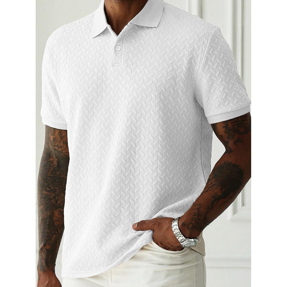 Spring Summer Mens Jacquard Polo Shirt Short Sleeve Heavyweight Casual T-shirt Turn-down Collar Button Up