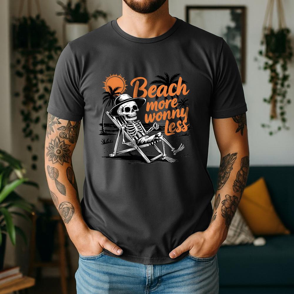 New Summer Unisexs 100 Pure Cotton TShirt Beach More Worry Less Retro Skeleton Style Casual Breathable Short Sleeve