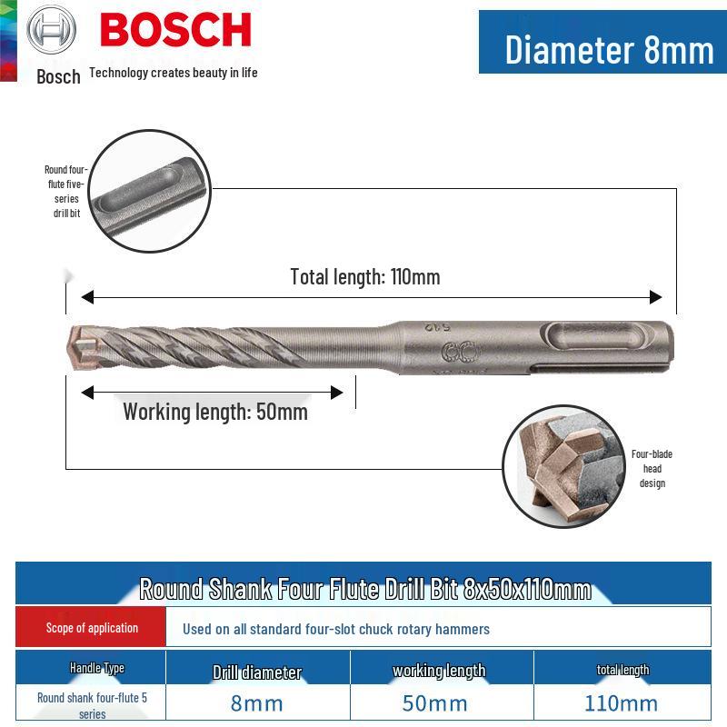 Bosch 5-Series Electric Hammer Drill Bit, Four-Groove, Cross Wall-Penetrating, Extended Length, Round Shank for Concrete.