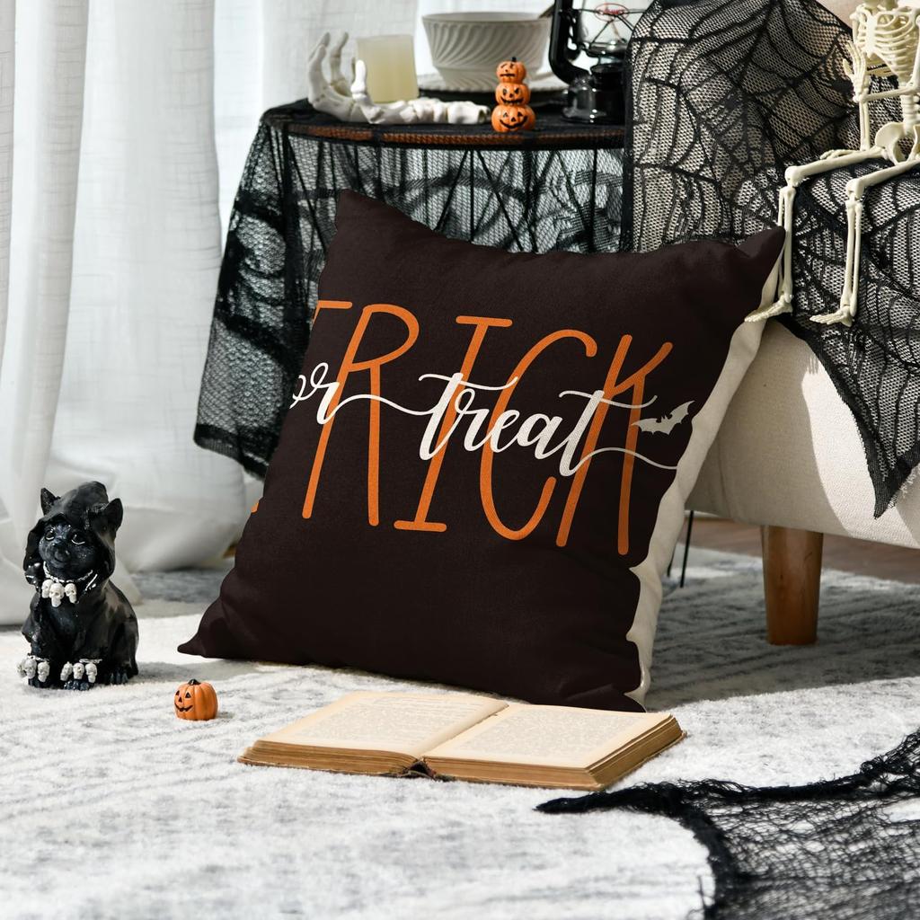 AVOIN colorlife Happy Halloween Cute Ghost Trick or Treat Throw Pillow Covers, 18 x 18 Inch Polka Dot Pumpkin Bat Cushion Case for Sofa Couch Set of