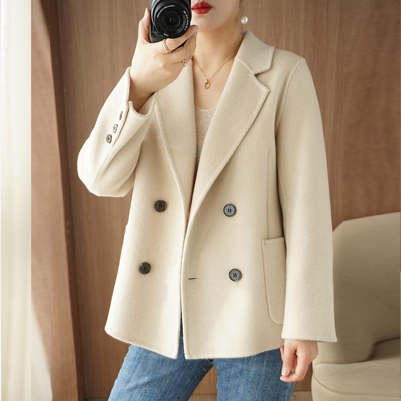 Women's Petite Double-Breasted Wool Cashmere Coat - Autumn/Winter Suit Collar Overcoat