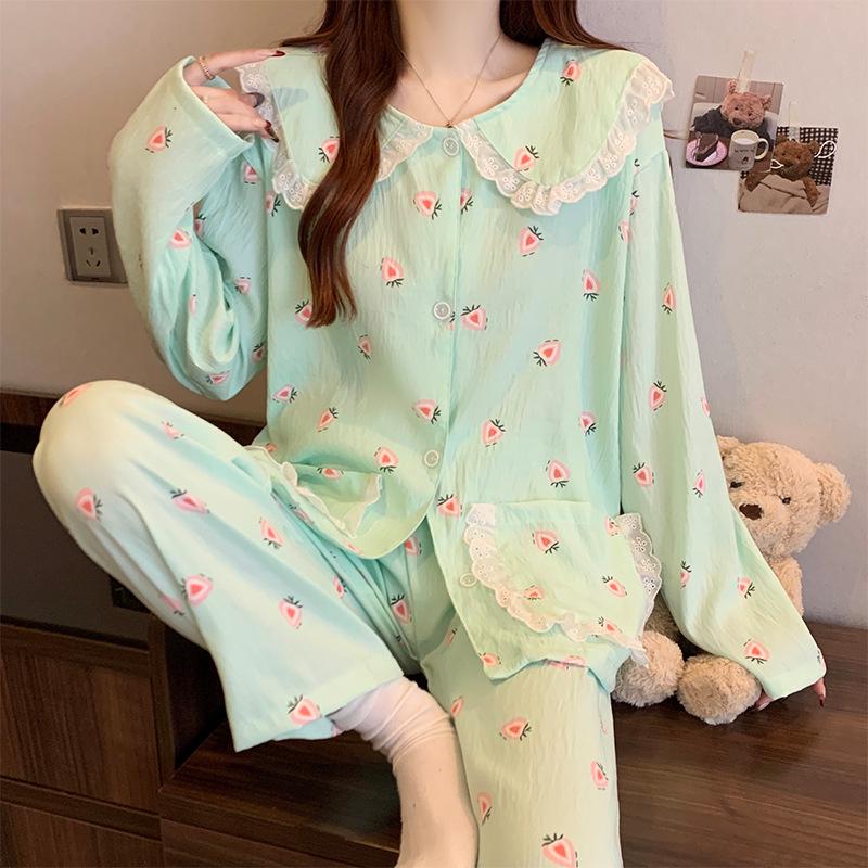 Women's Cartoon Lace Peter Pan Collar Cotton Pajamas - Long Sleeve, Spring/Fall, Winter Style
