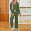 Women's Color V-Neck Long Sleeve Loungewear Set with Pockets Loose Fit Casual Sleepwear