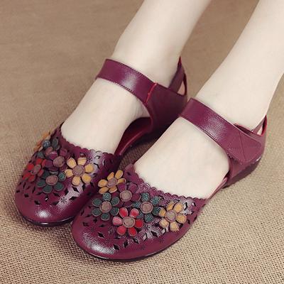 Retro Blumenballerinas Luxussandalen Damen Designer Cutout Mary Jane Schuhe Damen Echtes Leder Leder Flache Sandalen mit Riemen