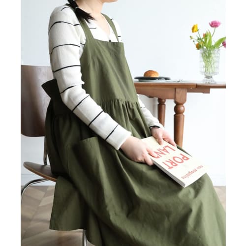 Aimoha Cafe Apron, Flared Dress Apron, Women's, Gardening Apron, 100% Cotton, Natural Cafe-Style Apron (Green)