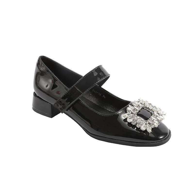 2025 Autumn French Retro Rhinestone Square Head Single Shoes Low Heel Patent Leather Suede Buckle Small Leather Shoes Wedding Shoes Water Versatile