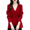 Women's Pure Wool V-Neck Cardigan - Red, Slim Waist, Button-Up, Autumn/Winter 2024