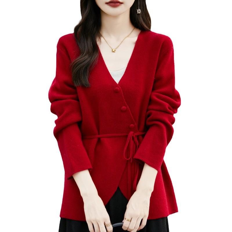 Women's Pure Wool V-Neck Cardigan - Red, Slim Waist, Button-Up, Autumn/Winter 2024