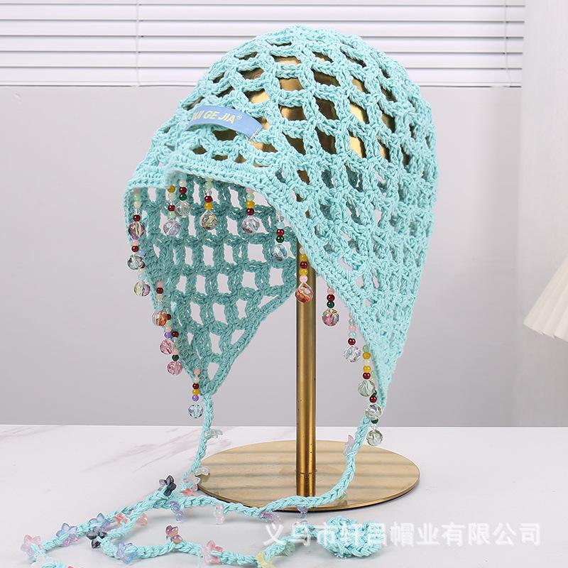 New ethnic style pearl fringed pendant hollow knitted wool hat women's summer outdoor sunshade sunscreen headgear