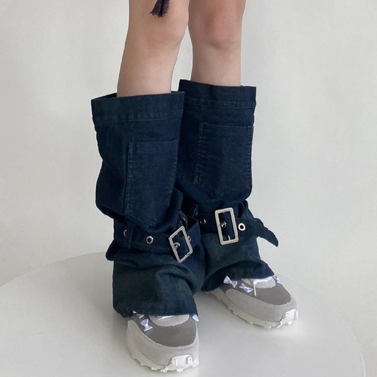 Women Japanese Punk Buckle Strap Leg Warmers Harajuku Aesthetic Streetwear Baggy Loose Denims Leg Sleeve Foot Covers