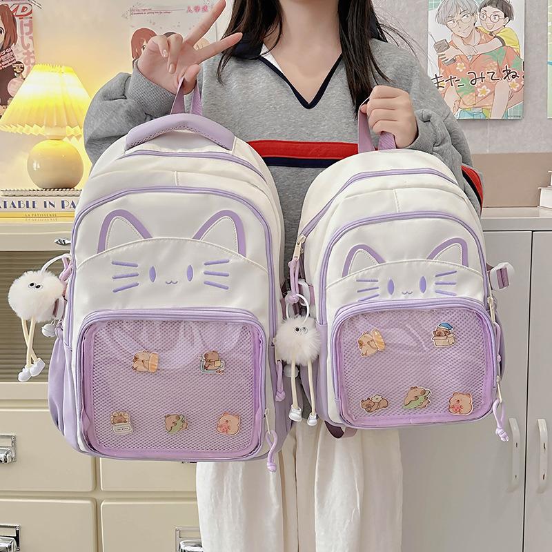 Schoolbag Japanese ins cute cat backpack pain bag transparent large-capacity schoolbag versatile casual shoulder bag