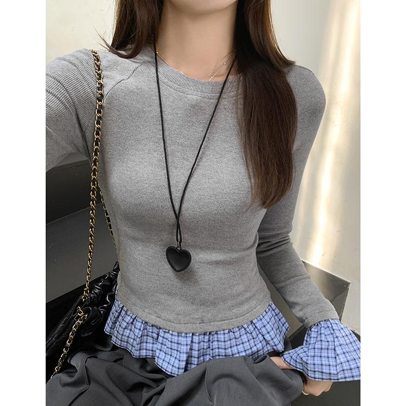 Französisches Karomuster Retro Spleißung Fake zweiteiliges Langarm-T-Shirt für Damen im Herbstdesign Slim-Fit Unterhemd Top