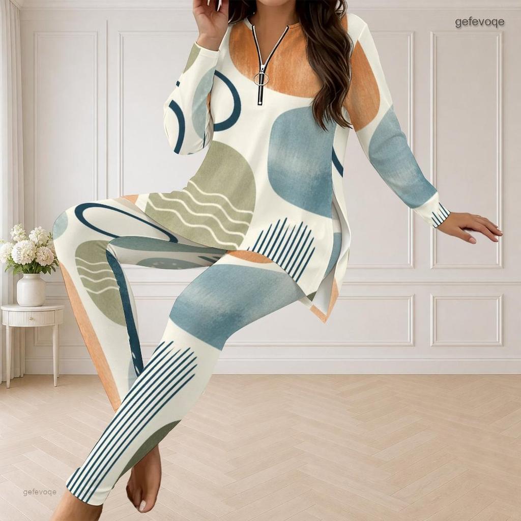 Women Plus Size Printed Half Zip Long Sleeve Longline Top Fitted Pants Two Piece Set