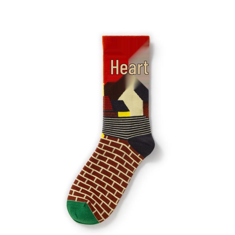 French Retro Abstract Oil Painting Mid-Calf Socks - Trendy Autumn/Winter High-Top Creative Combed Cotton for Women