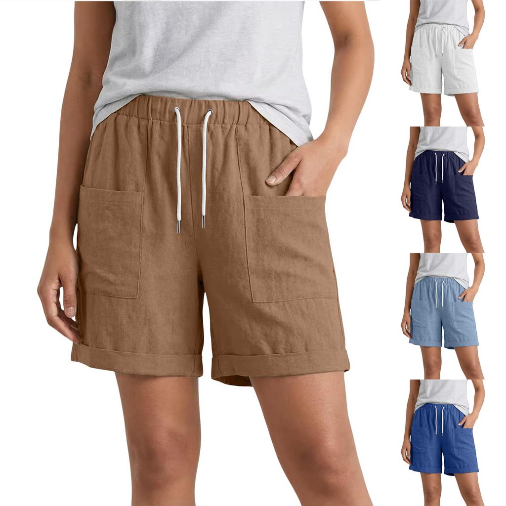 Women’s Linen Casual Shorts with Elastic Waistband Drawstring Adjustable Fit and Large Front Pockets for Everyday Wear
