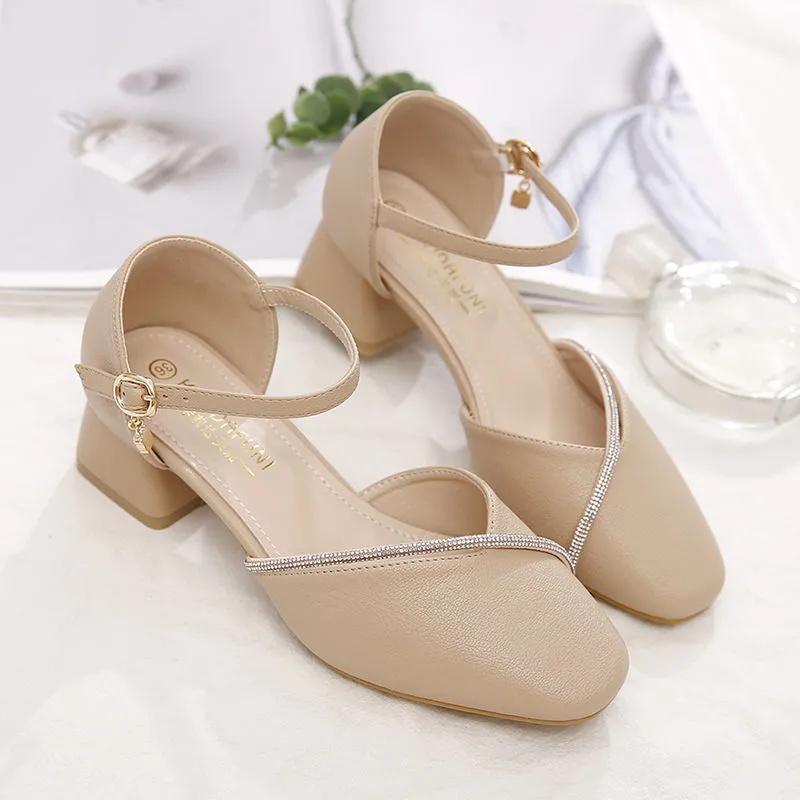 Mode Damenschuhe Frauen süße runde Zehe hohe Qualität Frühling & Sommer quadratischer Absatz Schuhe Dame Mode süß beige Büroschuhe ea280