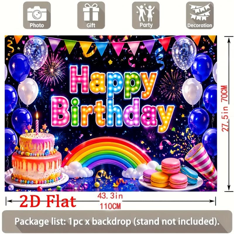 Vibrant Rainbow Arch with Glossy Balloons, Glittering Fireworks, Tiered Drip Cake and Colorful Macarons, Happy Birthday Banner Backdrop