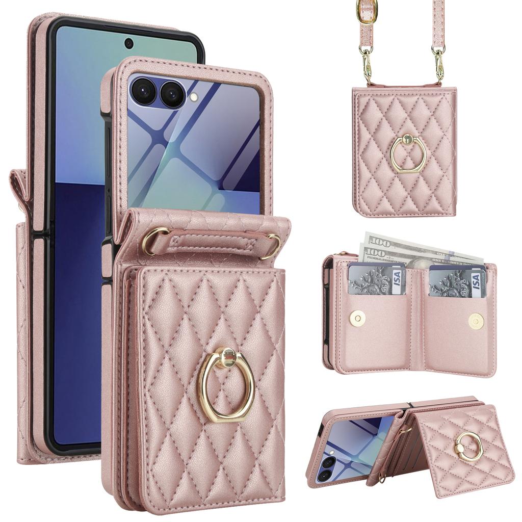 Luxury Crossbody Ring Holder Cards Solt Wallet Flip Leather Phone Case For Samsung Galaxy Z Flip 7 6 5 4 3 Long Lanyard Cover