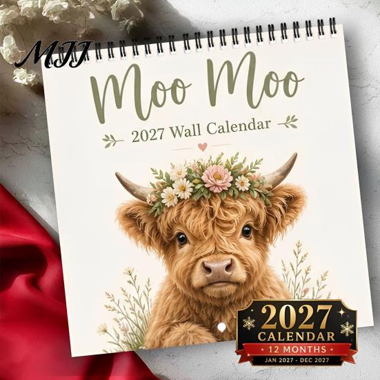 Yearly Planning Calendar 2027 Highland Cow Wall Calendar, Funny Farmhouse Animal Rustic Thick Paper Office Schedule 12 Monthly Planner for Lovers,