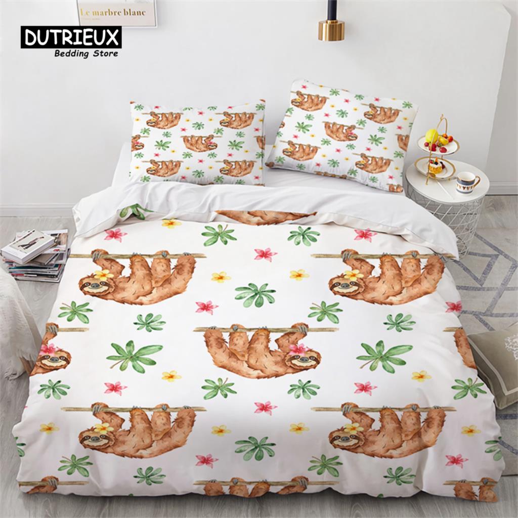Niedlicher Faultier Bettbezug Einzelbett Cartoon Tier Bettwäsche Set Mikrofaser Floral Blätter Steppdeckenbezug Für Teenager Mädchen Jungen Kawaii Raumdeko