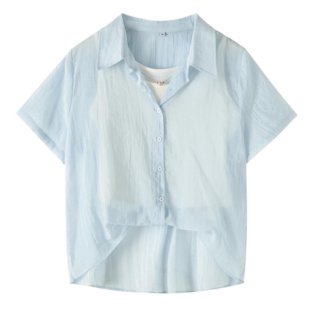 Large Size Women's Clothing Casual Temperament Fake Two-piece Shirt 2026 Summer Commuter Wind Straight Shoulder Thin Top 254861