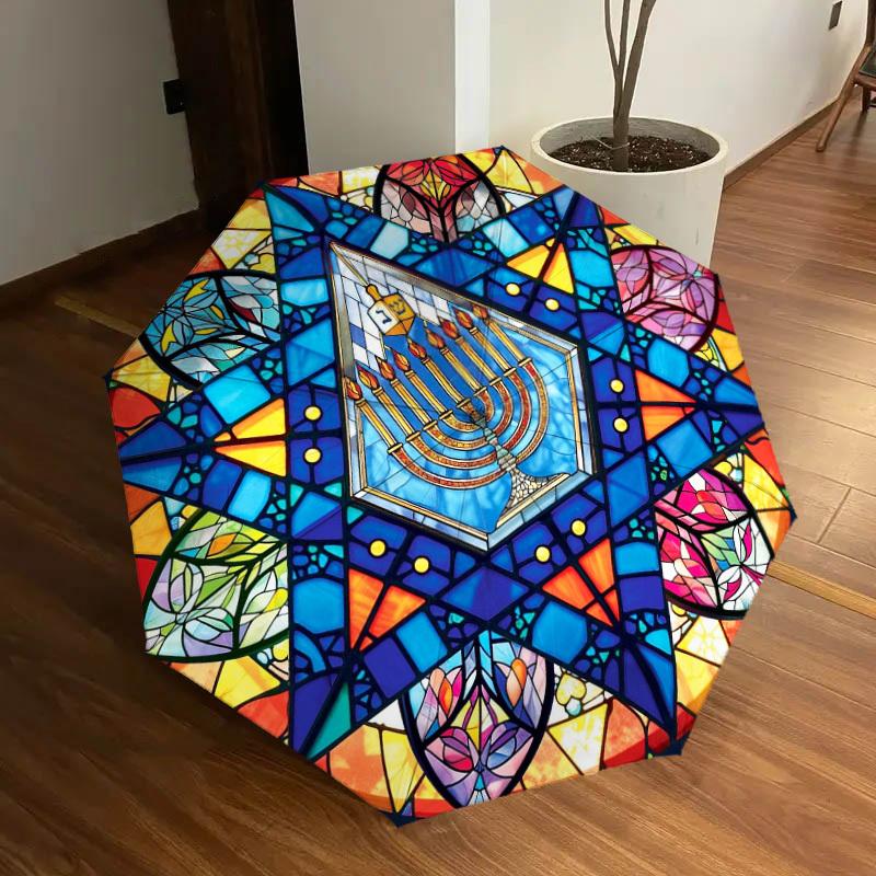 1pc Stained Glass Menorah Pattern Small Travel Automatic Folding Umbrella, Compact Windproof Umbrella, Automatic Open/Close ,Gift-091505