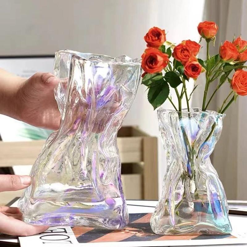 Modern Glass Flower Vase Wrinkled Flower Bottle Hydroponic Plants Pot Table Decorative Vase Home Office Desktop Decoration
