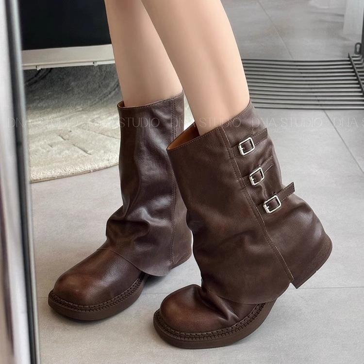 Thick Heel Square Head Fashion Boots Tube Boots 2025 New Early Autumn Medium Tube Casual Sleeve Short Boots Stacking Boots Women's Boots