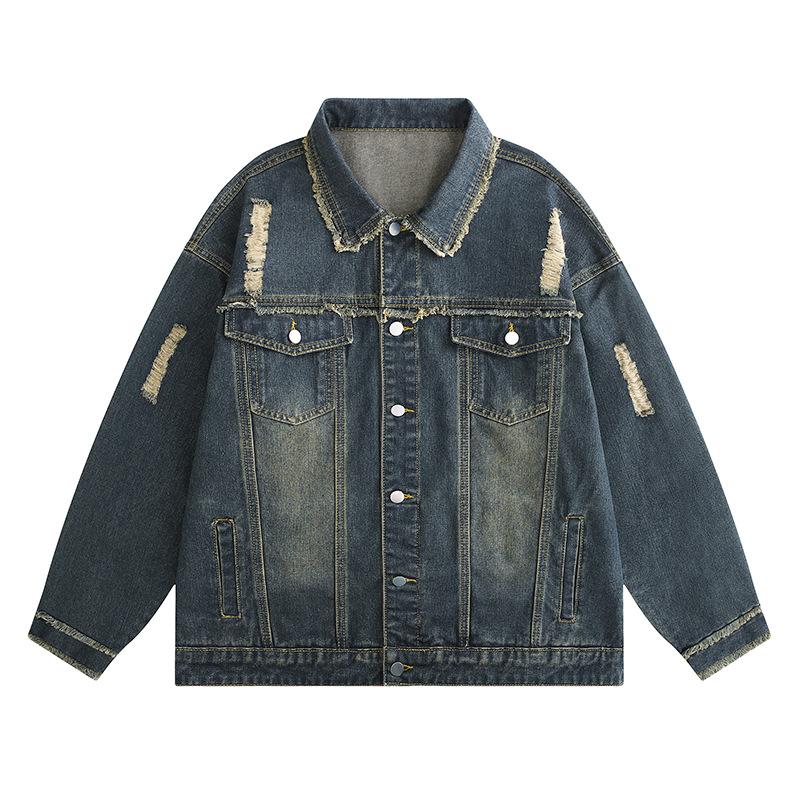 Autumn New American Breasted Lapel Grinding Wash Jacket for Youth Retro Denim Jacket