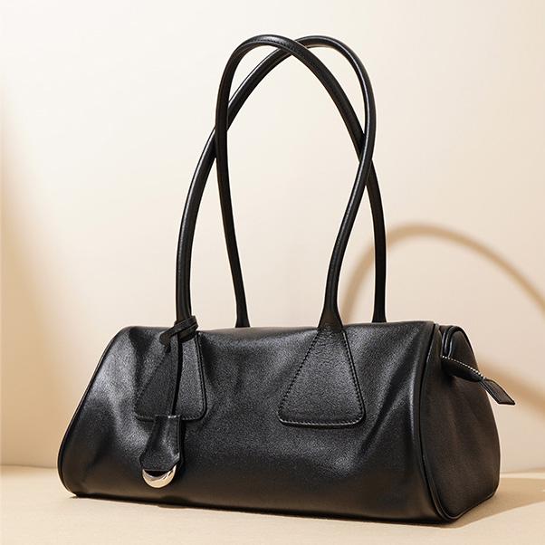 Women's Vintage Waxed Genuine Leather Underarm Bag, Long Cylinder Commuter Shoulder Bag, Baguette Pillow Handbag