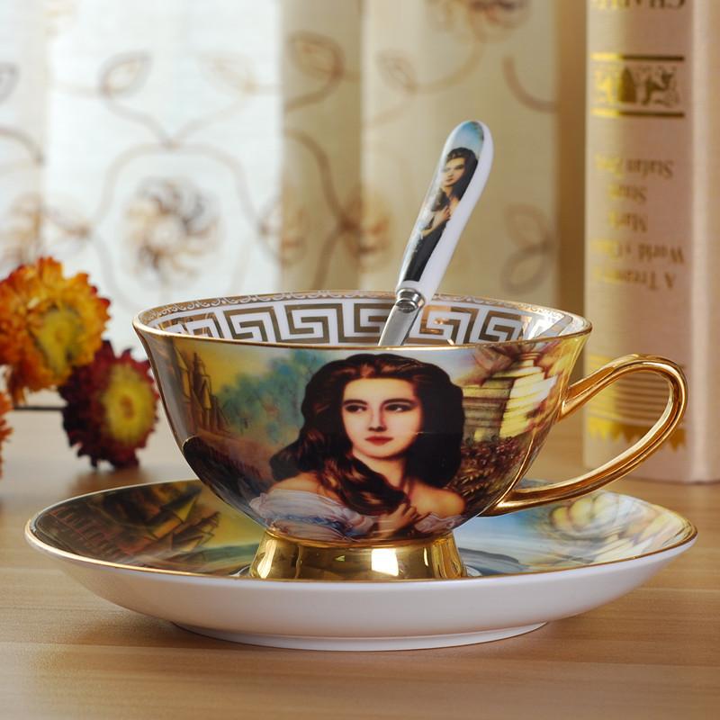 200ml Europe Oil Painting Bone China Coffee Cup Mug Plate Spoon Set Luxury Elegant Mug Porcelain Tea Cup Teaware Party Drinkware