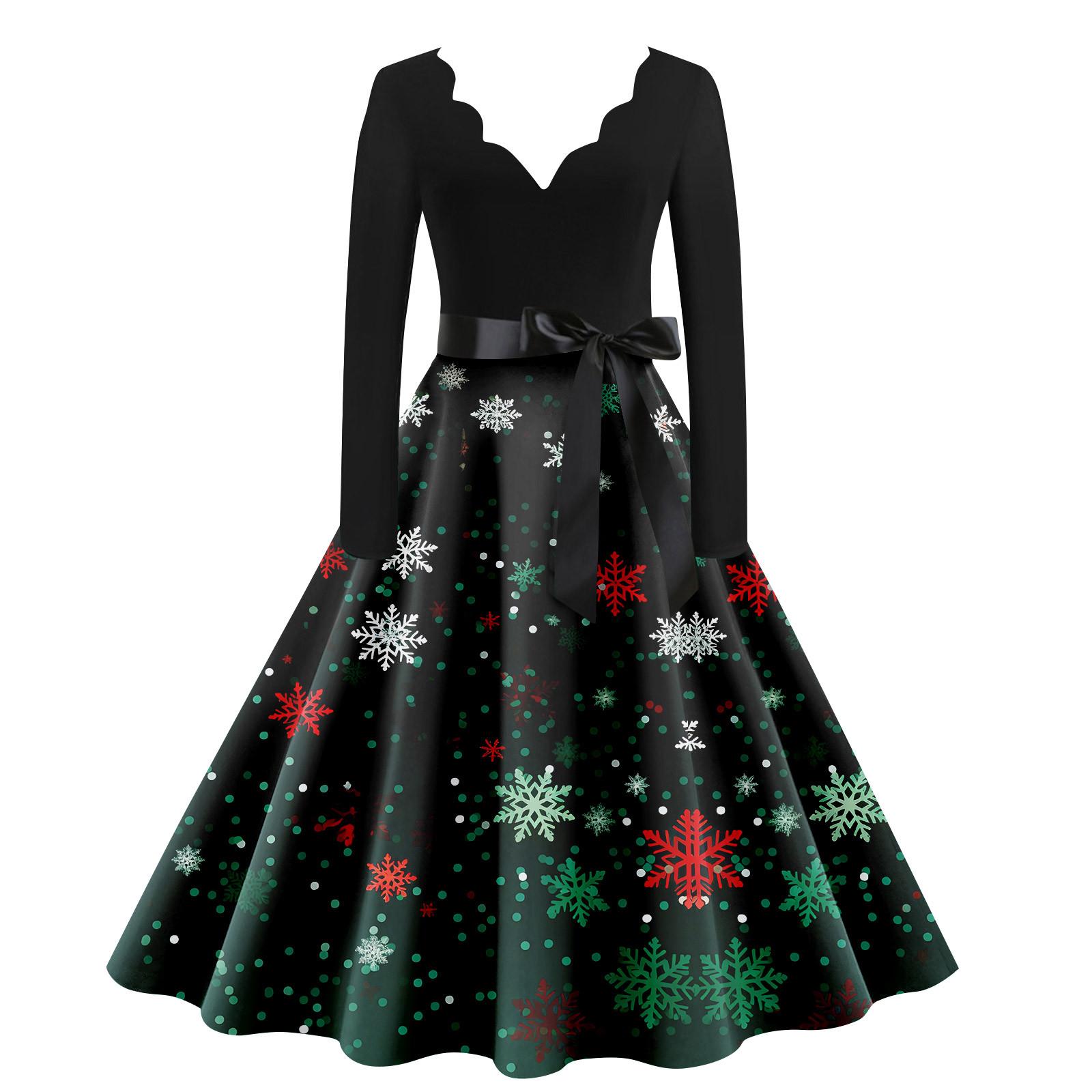 

Женское винтажное классическое платье с воротником на талии, бантом, длинными рукавами, рождественским принтом, V-образным вырезом, свободное платье L зелёный