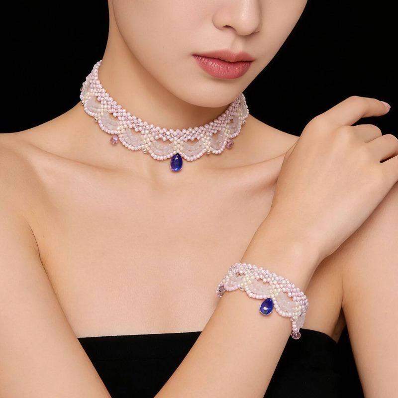 Meier Hand-woven pink lace beaded necklace, fairy versatile collarbone chain