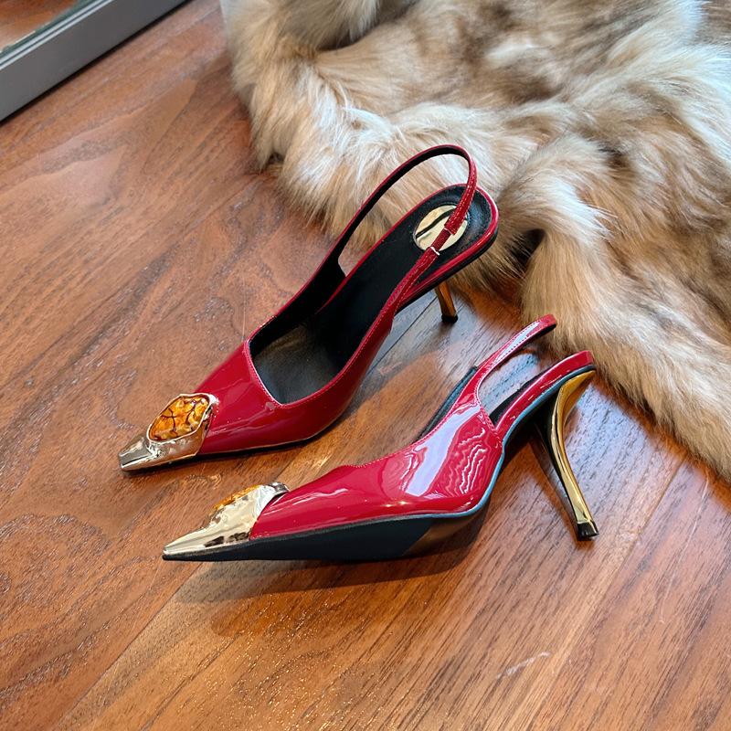 High heels women's new autumn and winter metal square head thin heel gem royal sister sexy and beautiful temperament single shoes red