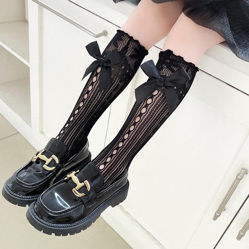 

Носки для девочек Lolita Princess с кружевом и бантом на весну/лето — милые, тонкие, сетчатые носки-полутрубы One Size чёрный