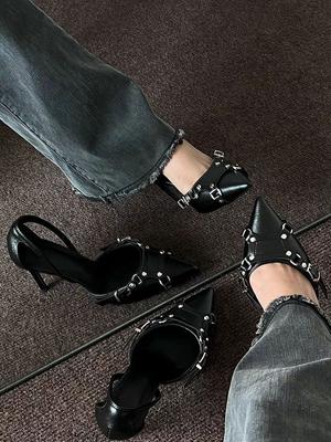 Pointed Shallow Rivets, One-word Buckle Straps, Single Shoes, Women's Hollow Thin Heels, Sexy High Heels, 2025 Autumn New Models Are Popular