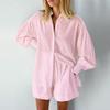 Women's Long Sleeve Loose Fit Jacquard Top Short Pants 2-Piece Set Casual Outfit