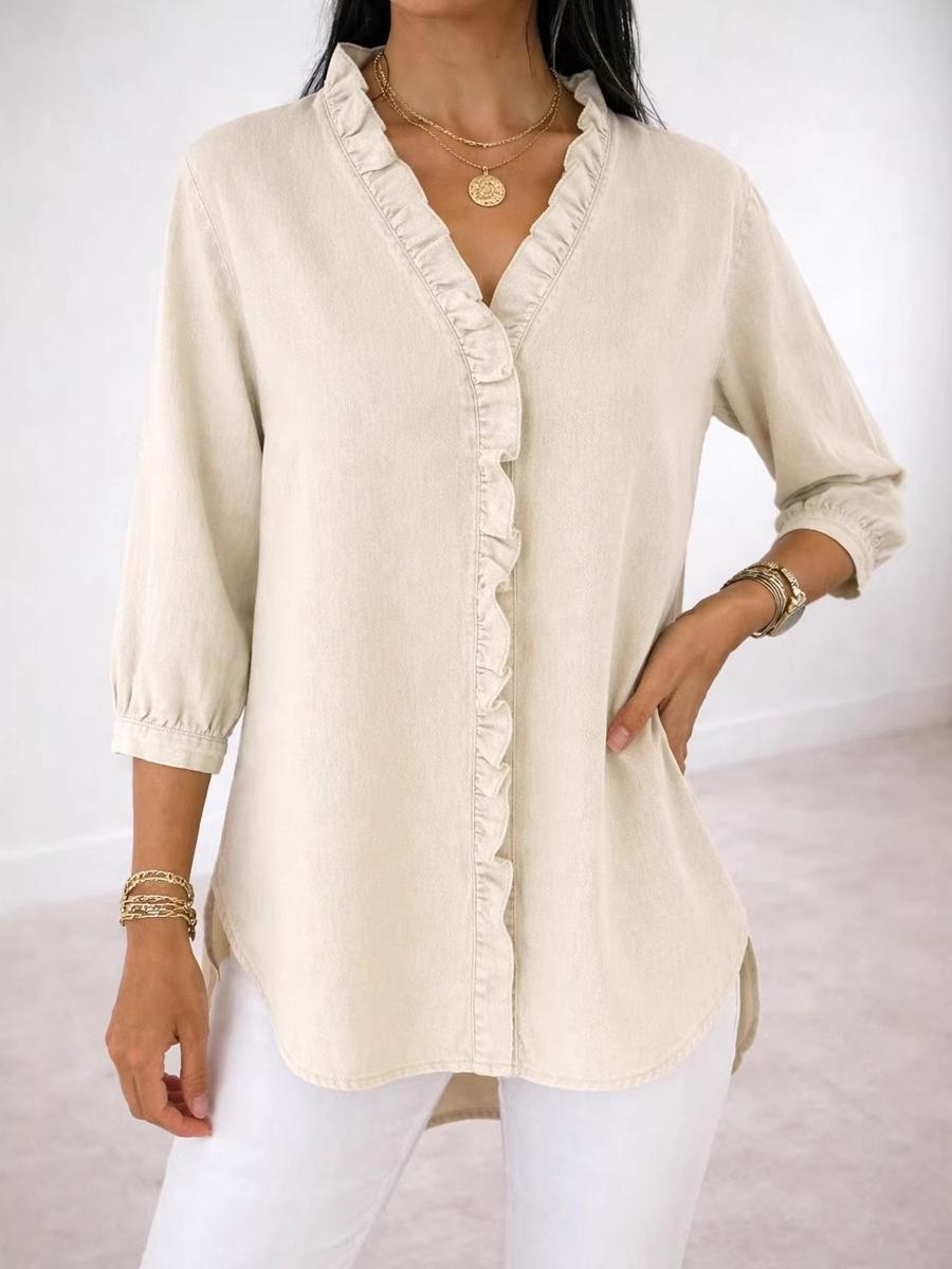 

Spring/Summer Women s Casual Faux Denim V-Neck Ruffled Shirt Top 4XL білий
