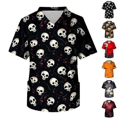 Men's Short Sleeve V Neck Halloween Print Scrub Top with Chest Pocket Medical Workwear for Healthcare Professionals