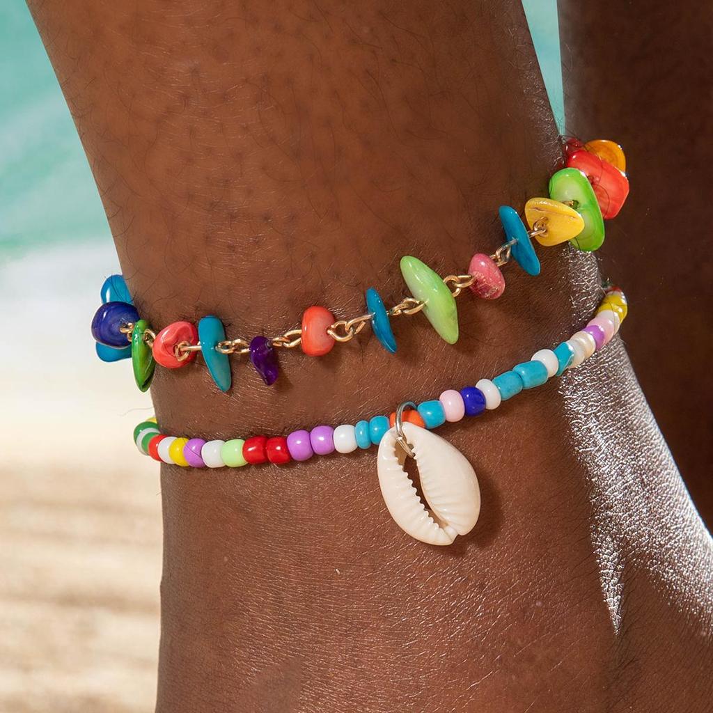 2 SZT. Boho Fashion Kolor Muszli Koraliki Bransoletka na Kostkę Zestaw Biżuteria dla Kobiet Wakacje na Plaży Dopaminowy Łańcuszek na Kostkę Ręcznie Robiona Biżuteria