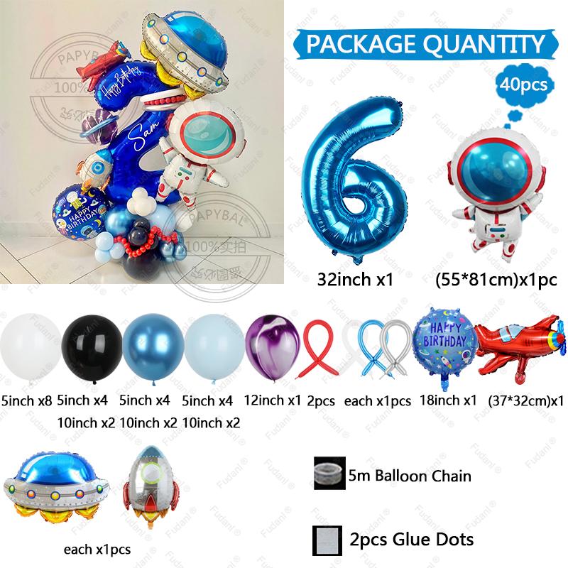 Astronaut Rocket Balloon Blue Space Theme 32inch Number Balloon Set Birthday Party Decoration Children's Baptismal Balloon Gifts