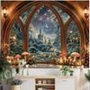 Winter Window View Tapestry Wall Hanging Snowy Castle Giant Mushroom Aurora Aesthetic Wall Art Bedroom Dorm Decor